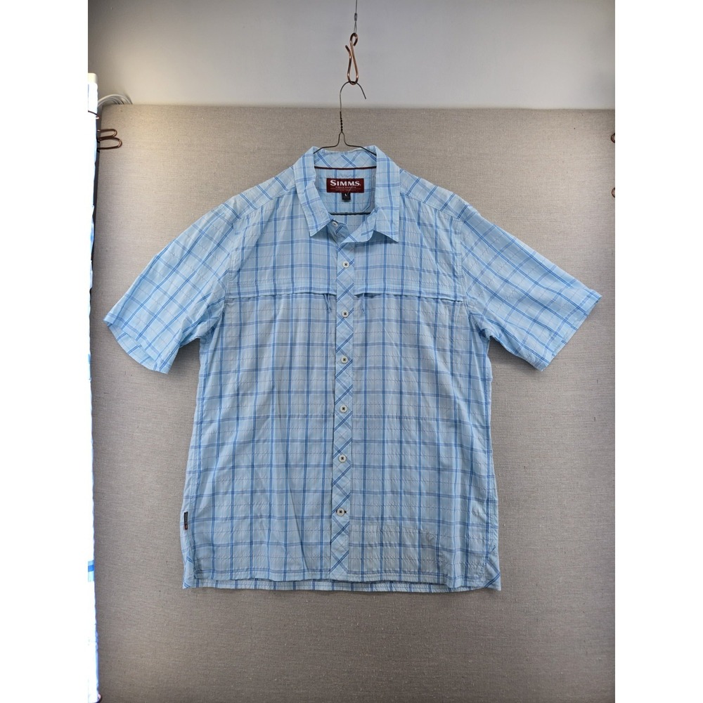 Simms Stone Cold Short Sleeve Shirt Large Light Blue White Plaid Button Front